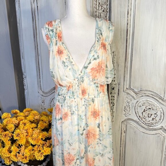 Feminine Floral Maxi Dress with Orange and Blue Accents - Picture 3 of 9